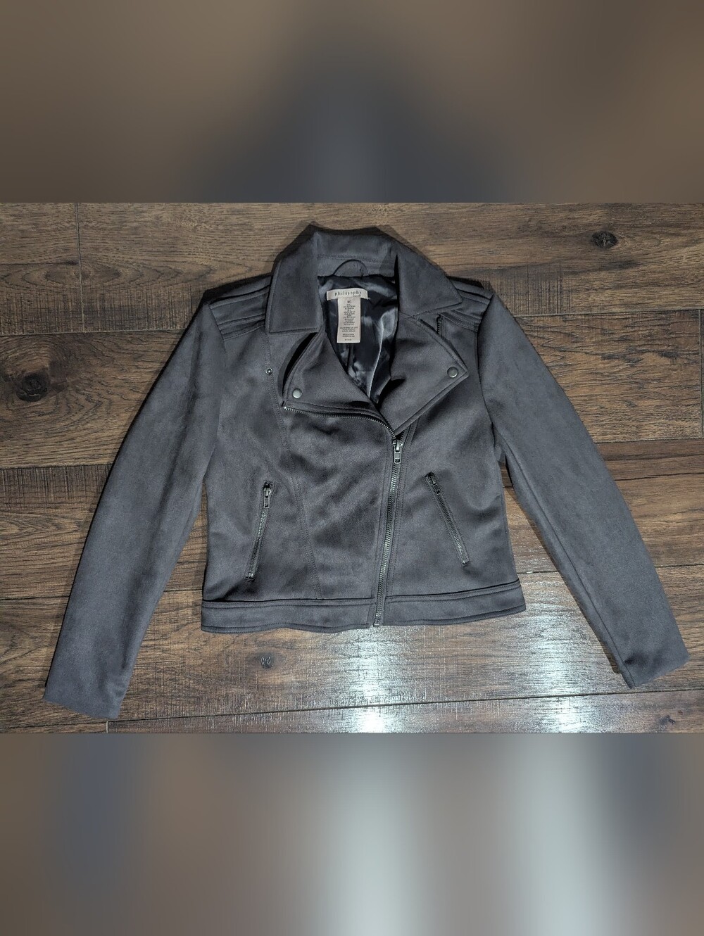 Philosophy Dark Gray Soft Faux Suede Asymmetrical Moto Zip Women's Jacket Small